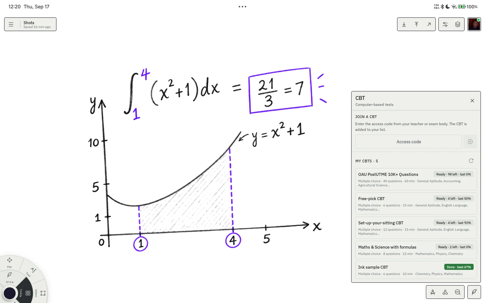 The CBT sidebar with a student's CBTs beside a worked integral on the sheet